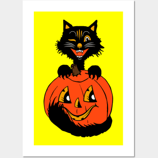 Black cat and funny pumpkin Posters and Art